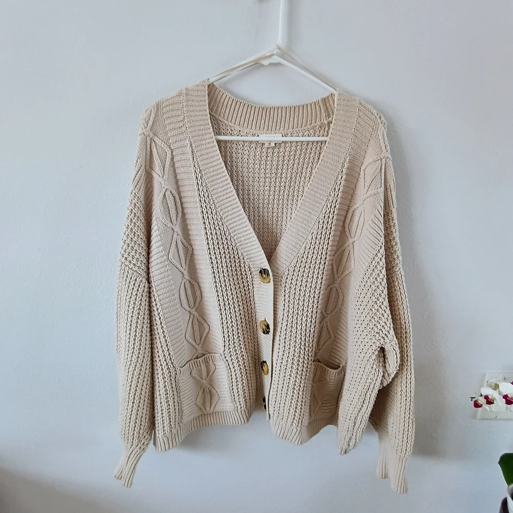ANA A New Approach Chunky Knit Cardigan Beige Cable Button Front Cozy Oversize - Picture 1 of 10